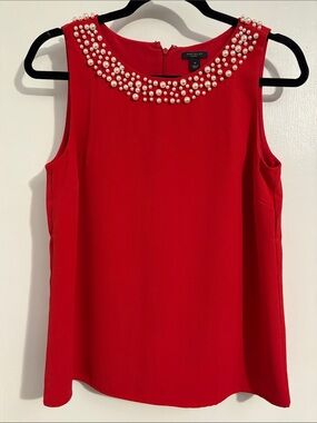 Ann Taylor Petite Red Pearl-Embellished Sleeveless Shell